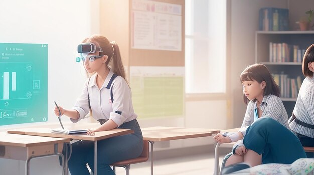Ein futuristisches holografisches Klassenzimmer-Virtual-Reality-Display, das in das Lernerlebnis integriert ist
