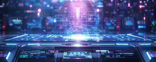 Ein futuristisches Hologramm, das ein leuchtendes Portal über einem eleganten Podium mit lebendigen Neonlichtern projiziert