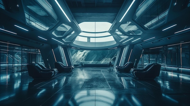 Ein futuristisches Interieur eines Raumschiffs mit einem großen Fenster, auf dem "Star Wars" steht