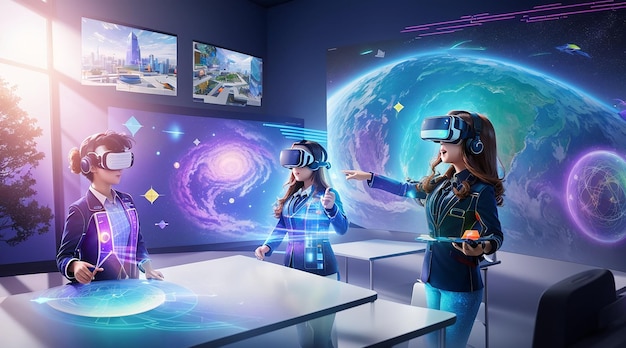 Ein futuristisches Klassenzimmer mit holographischem Display, virtueller Realität integriert in die Lernerfahrung