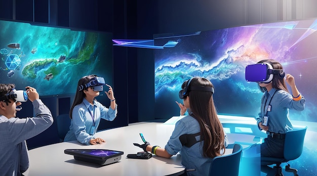 Ein futuristisches Klassenzimmer mit holographischen Displays, die virtuelle Realität in die Lernerfahrung integrieren