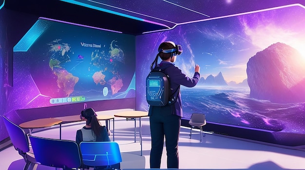 Ein futuristisches Klassenzimmer mit holographischen Displays, die virtuelle Realität in die Lernerfahrung integrieren