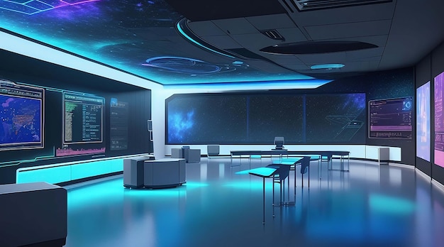 Ein futuristisches Klassenzimmer mit holographischen Displays ist in die Lernerfahrung integriert