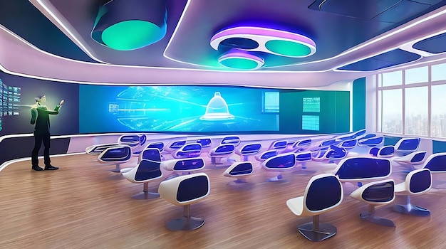 Ein futuristisches Klassenzimmer mit holographischen Displays ist in die Lernerfahrung integriert