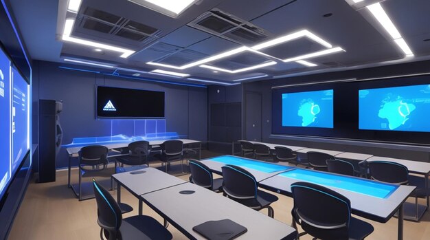 Ein futuristisches Klassenzimmer mit leuchtenden Bildschirmen und Roboterassistenten