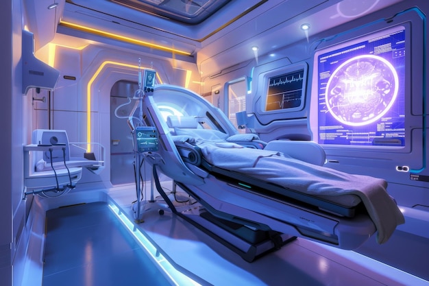 Ein futuristisches Krankenhauszimmer, gefüllt mit fortschrittlicher Technologie, mit einem Bett als zentrales Stück