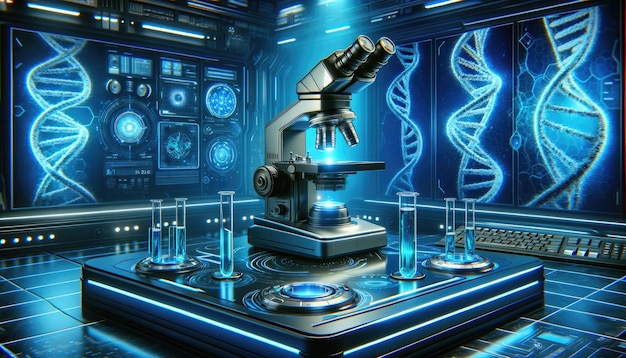 Ein futuristisches Labor mit einem Mikroskop, DNA-Strängen und fortgeschrittenen wissenschaftlichen Schnittstellen auf digitalen Displays
