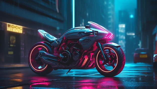 Ein futuristisches Motorrad in einer nächtlichen Stadt mit Neonlichtern auf den Felgen