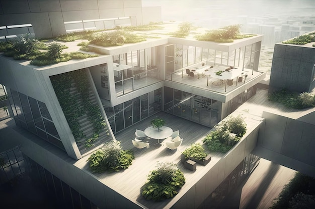Ein futuristisches offenes Büro mit Gemeinschaftsarbeitsplätzen im Dachgarten und einem Freizeitbereich