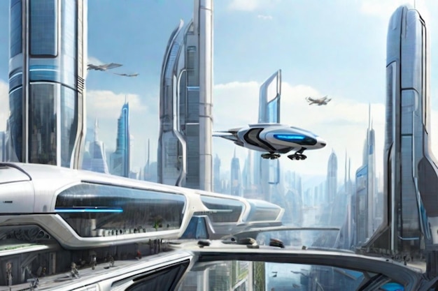 Ein futuristisches Panorama einer geschäftigen Metropole mit fliegenden Autos und hohen Gebäuden
