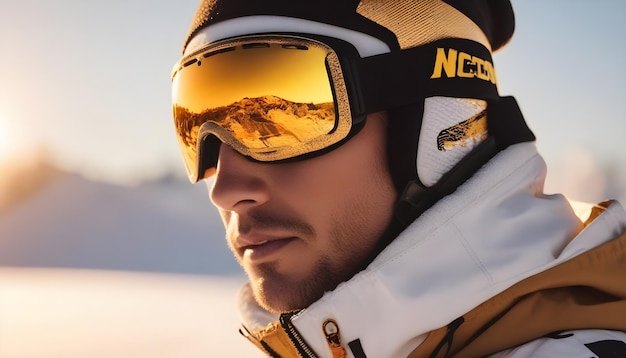 Ein futuristisches Porträtfoto von Snowboardmann mit Schnee-Hintergrund