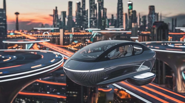 ein futuristisches Raumschiff fliegt über eine Stadt