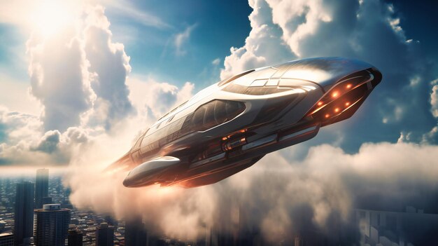 Ein futuristisches Raumschiff über Wolken in der Stadt im Stil eines Zugkerns, das Kraft und Geschwindigkeit zeigt