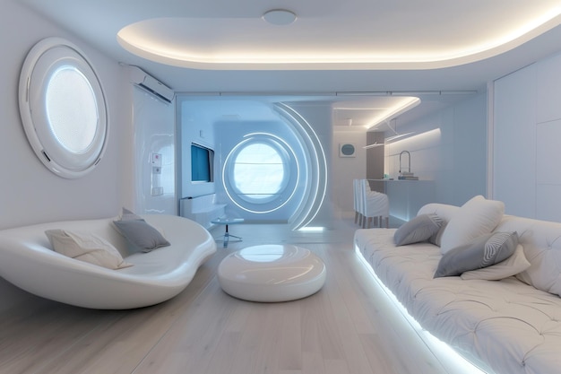 Foto ein futuristisches schlafzimmer mit einem weißen bett