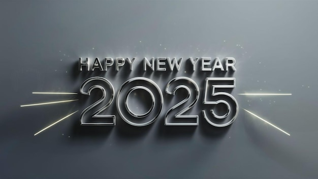 Ein futuristisches, schlankes Typografiedesign für Happy New Year 2025 vor einem gedämpften grauen Hintergrund