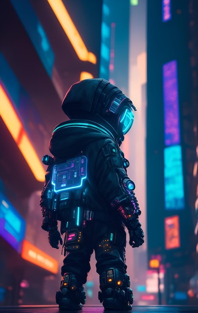 Ein futuristisches Science-Fiction-Kind in einer futuristischen Cyberstadt. Digitale Kunst