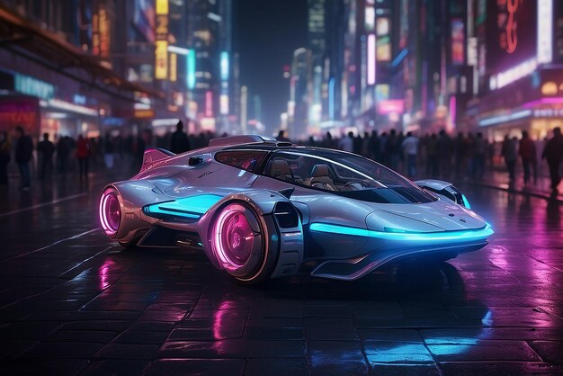 ein futuristisches Sportfahrzeug in einer Neonstadt und eine Cyberpunk-Stadtlandschaft mit Auto