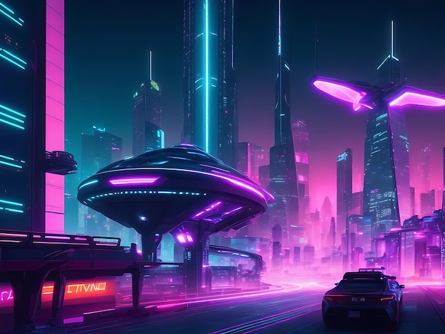 ein futuristisches Stadtbild bei Nacht mit neonbeleuchteten Wolkenkratzern, holographischen Werbetafeln im Hintergrund