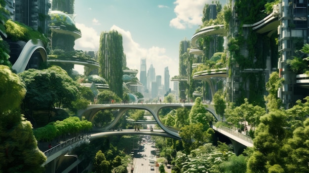 Ein futuristisches Stadtbild mit einer harmonischen Mischung aus Natur und Architektur