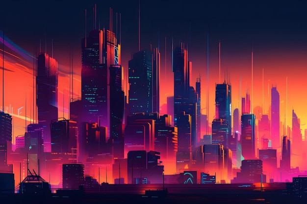 Ein futuristisches Stadtbild mit eleganter und moderner Architektur, beleuchtet von Neonlichtern und einem farbenfrohen Sonnenuntergangshimmel Dystopische Illustration Generative Ai