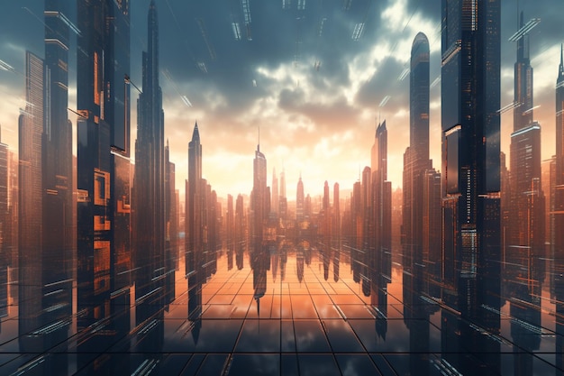 Ein futuristisches Stadtbild mit geometrischen Wolkenkratzern 00219 00