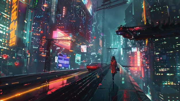 Ein futuristisches Stadtbild mit Neonlichtern und Hightech-Architektur Eine einsame Figur steht auf einer Plattform, die von hohen Wolkenkratzern und fliegenden Autos umgeben ist