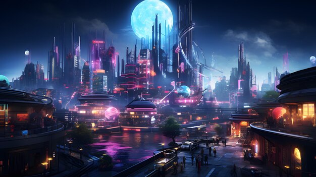Ein futuristisches Stadtbild mit Neonlichtern