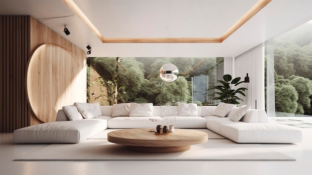 ein futuristisches, weißes, minimalistisches Interieur eines Wohnzimmers mit generativer KI