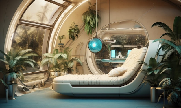 Ein futuristisches Wohnzimmer mit Pflanzen und einer Couch