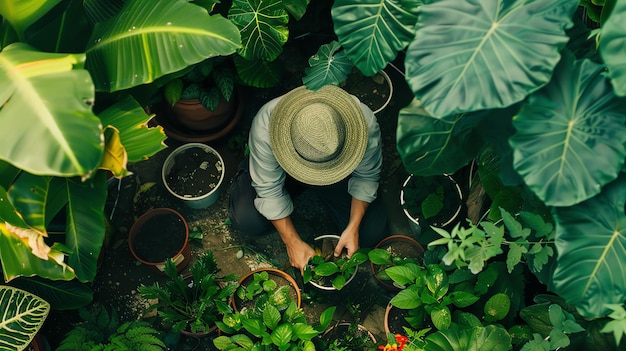Ein Gärtner kniet in einem üppigen tropischen Garten. Sie tragen einen breitrandigen Hut und ein grünes Hemd. Der Gärtner ist von üppigem Laub umgeben.
