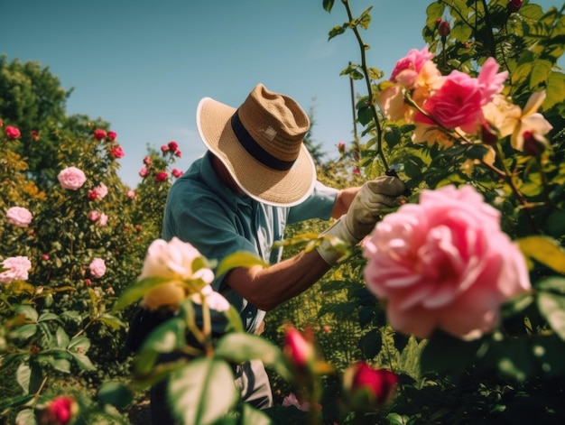 Ein Gärtner mit Hut beschneidet oder beschneidet einen Rosenstrauch. Generatives KI-Bild