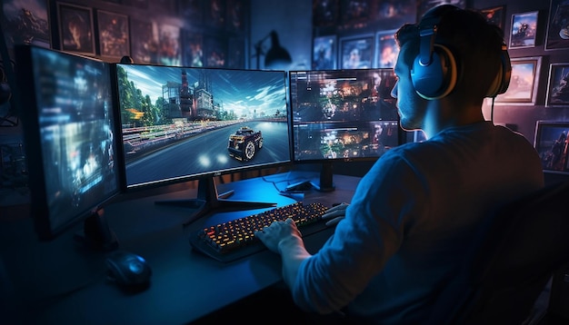 Ein Gamer spielt auf einem Desktop-PC-Computer-Gaming-Illustration Kommerzielle Fotografie