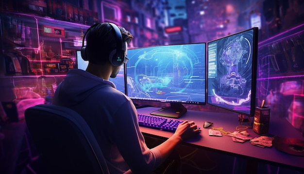 Ein Gamer spielt auf einem Desktop-PC-Computer-Gaming-Illustration Kommerzielle Fotografie