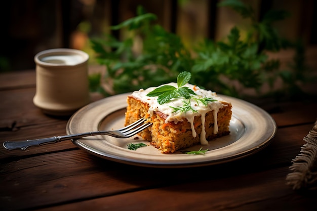 Foto ein ganzer karottenkuchen mit einer rustikalen gabel neben ihm auf einem holztisch