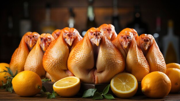 ein ganzes Huhn mit Zitrone und Zitrone auf dem Tisch