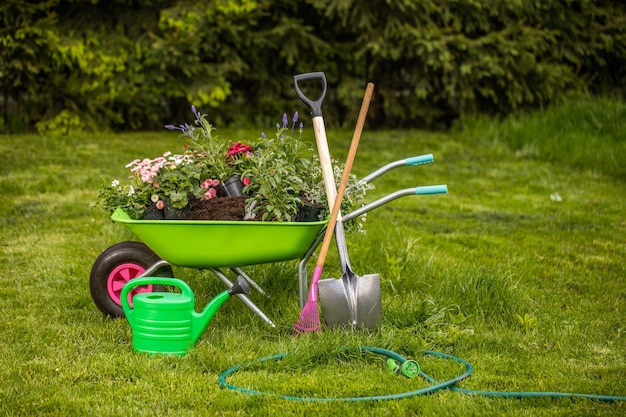 Ein Garten Gießkanne Handschuhe Schaufel Garten Schubkarre auf einer grünen WieseFrühling Idee der Gartenarbeit