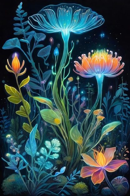 Foto ein garten mit biolumineszierenden blumen