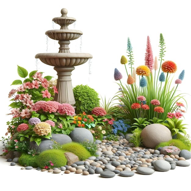 ein Garten mit einem Brunnen, Blumen und einem Brunnen