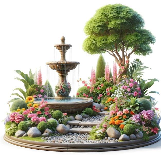 ein Garten mit einem Brunnen und einem Brunnen mit Blumen und einen Brunnen in der Mitte