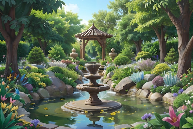 ein Garten mit einem Brunnen und einem Teich