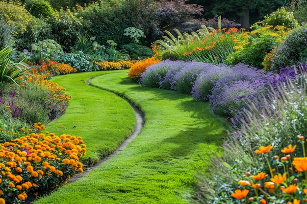 Ein Garten mit einem grünen Pfad und Blumen verschiedener Farben