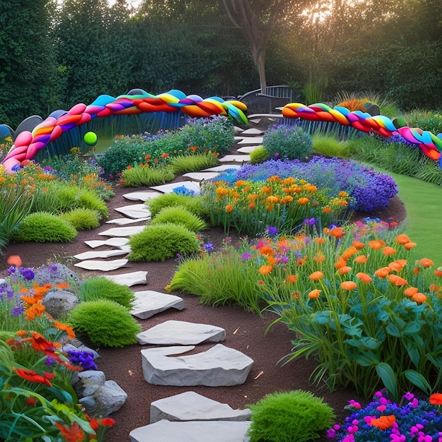 Ein Garten mit einem Regenbogen und Blumen darauf