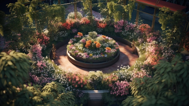Ein Garten mit einem runden Blumenbeet und einem großen Blumenbeet.