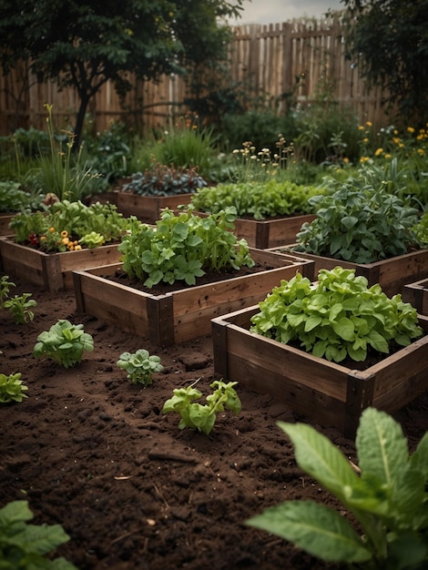 ein Garten mit einer Holzkiste, auf der das Wort Salat steht