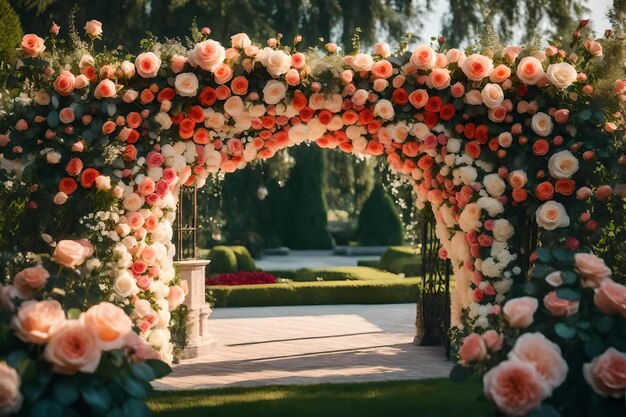 Ein Garten mit einer Pergola, auf der "Blumen" steht.