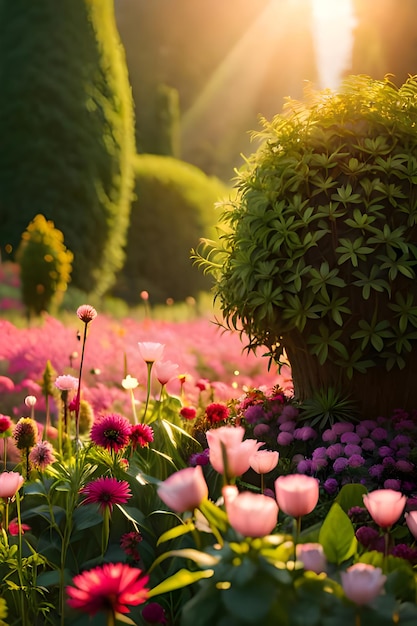 Ein Garten mit einer rosa Blume im Vordergrund und einer rosa Blume im Hintergrund.