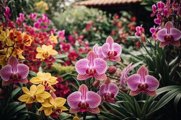 Ein Garten mit exotischen Blumen, von denen jeder ein Meisterwerk mit kompliziertem Design und lebendigen Farben ist