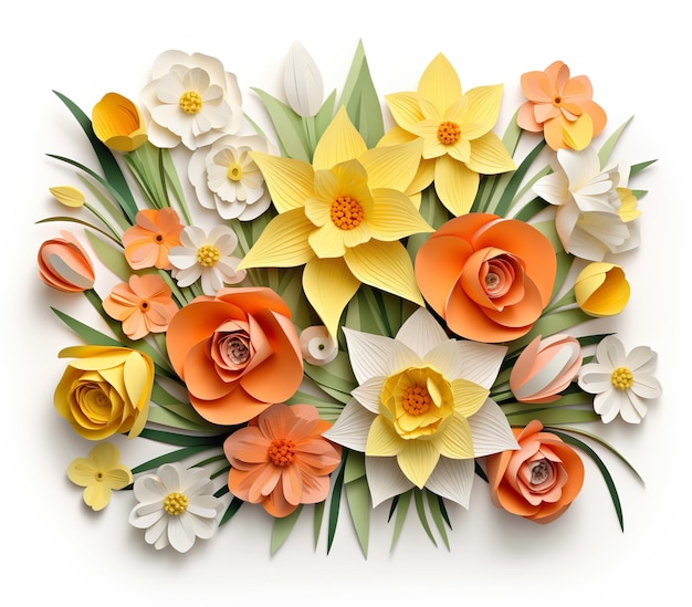 Ein Garten mit Narzissen und Tulpen im Stil von 3D-Papierblumen, pastellfarbenen Retro-Farben, weißem Hintergrund, generative KI