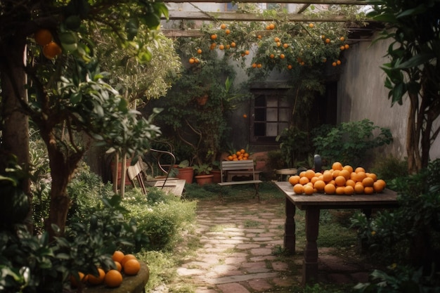 Ein Garten mit Orangen Generative KI