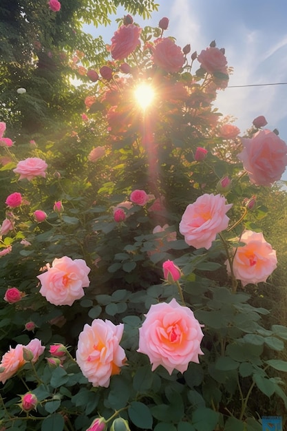 Ein Garten mit Rosen und der Sonne, die durch die Wolken scheint